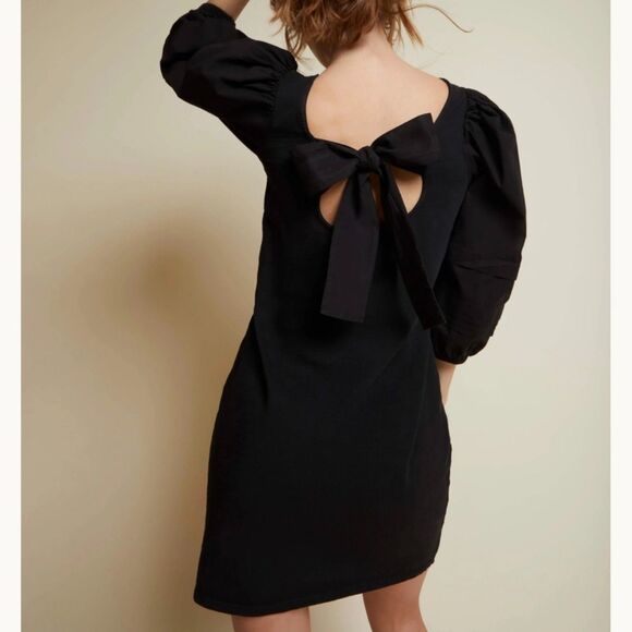 Nation Ltd Calissa Mini Dress Jet in Black Back Bow Puff Sleeves Size XS - Picture 1 of 6